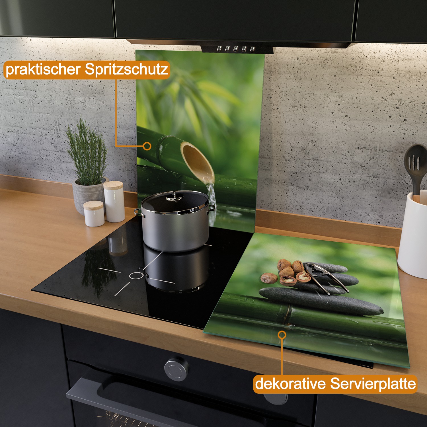 Herdabdeckplatte Steinstapel und Bambus auf dem Wasser | Posterdepot. de