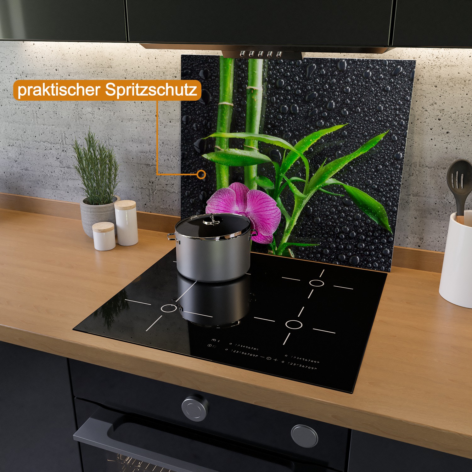Herdabdeckplatte Bambus und pinke Orchidee auf schwarzem Glas mit  Regentropfen | Wallario.de