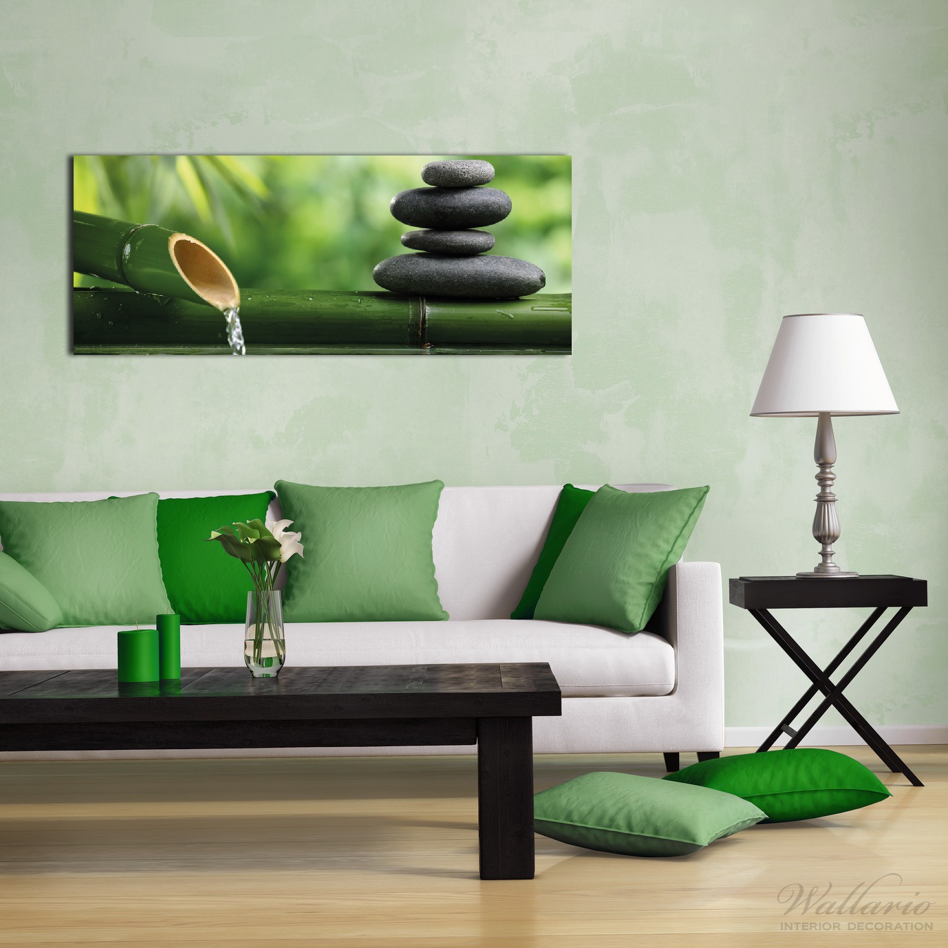 Wandbild aus Acryl Steinstapel und Bambus auf dem Wasser | Wallario.de