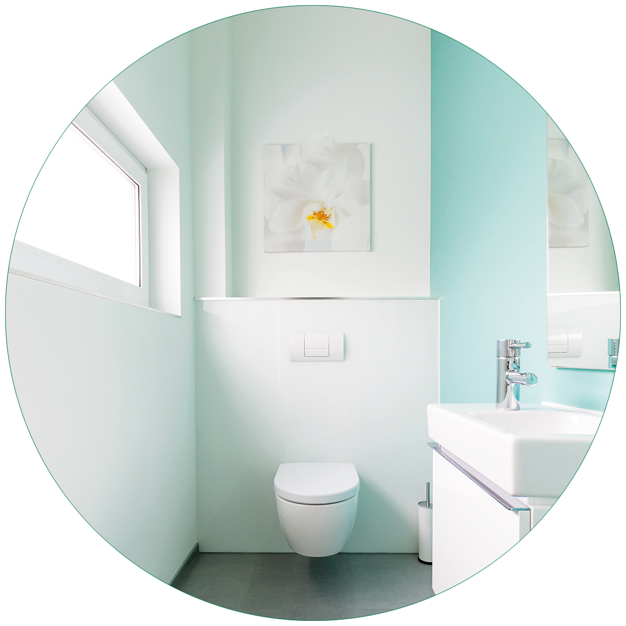 Glasbild Badezimmer Gästetoilette Innenansicht - WC und Waschbecken
