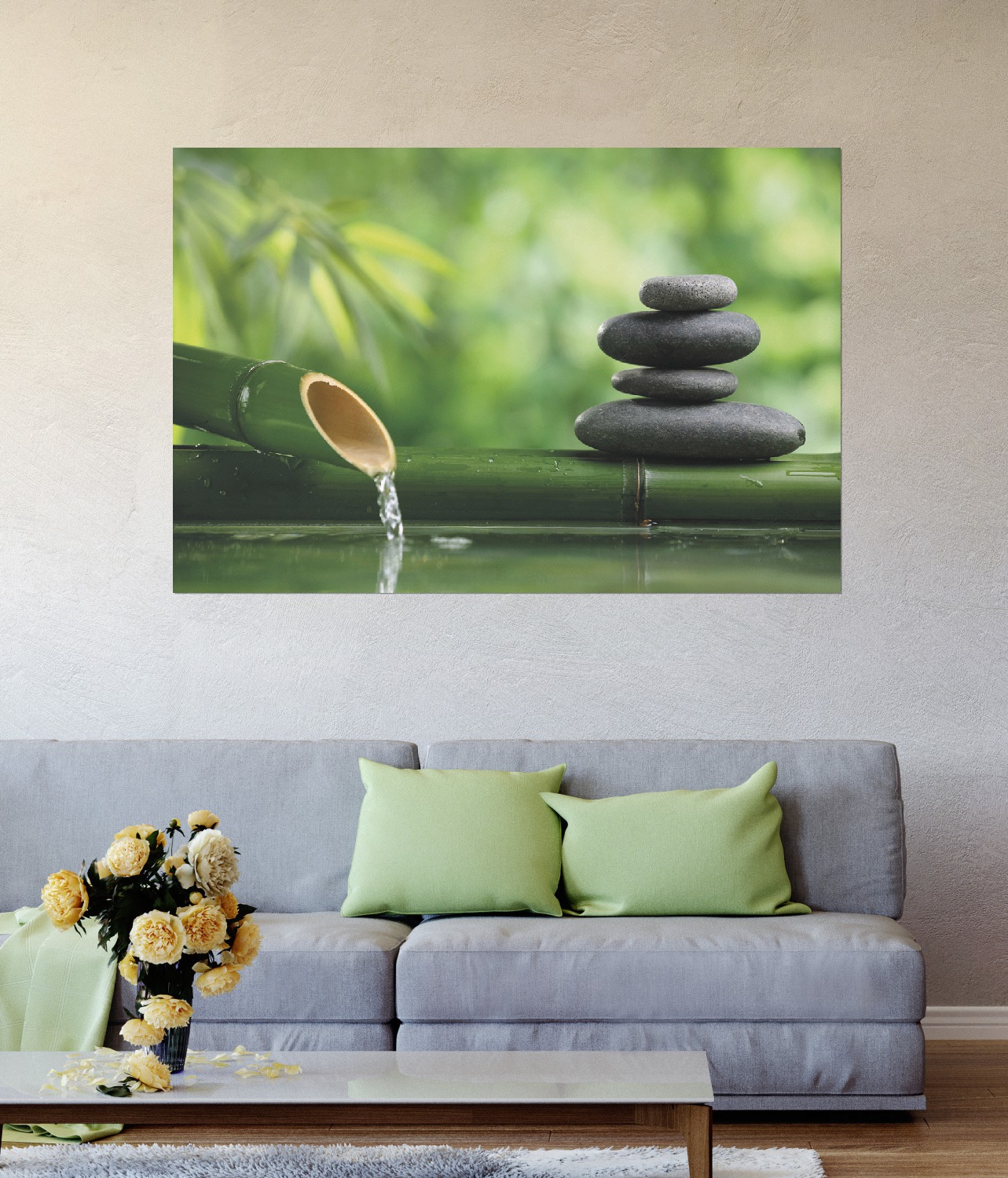 Poster Steinstapel und Bambus auf dem Wasser | Wallario.de