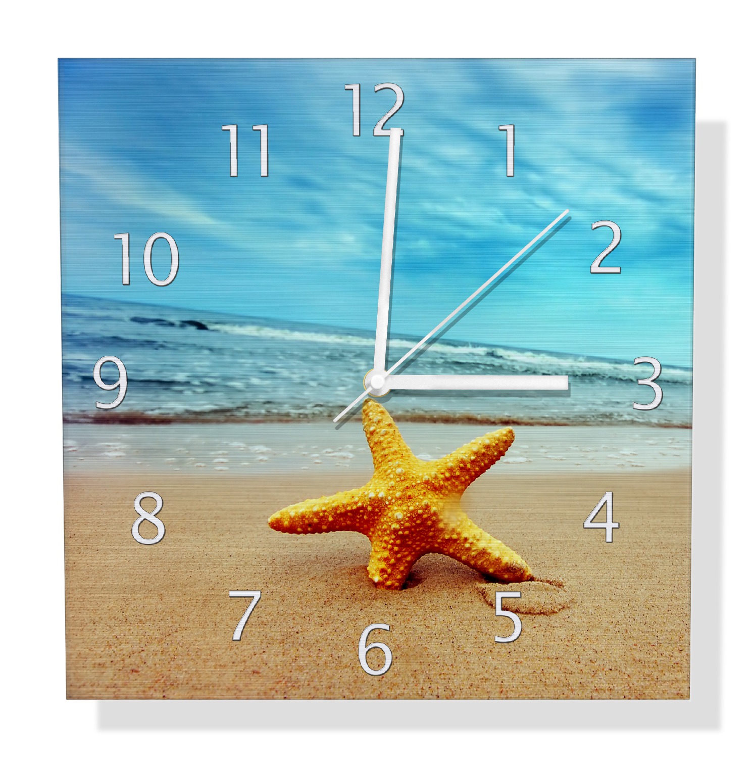 Wallario Premium Metalleffekt Uhr Seestern Strand Meer blau orange