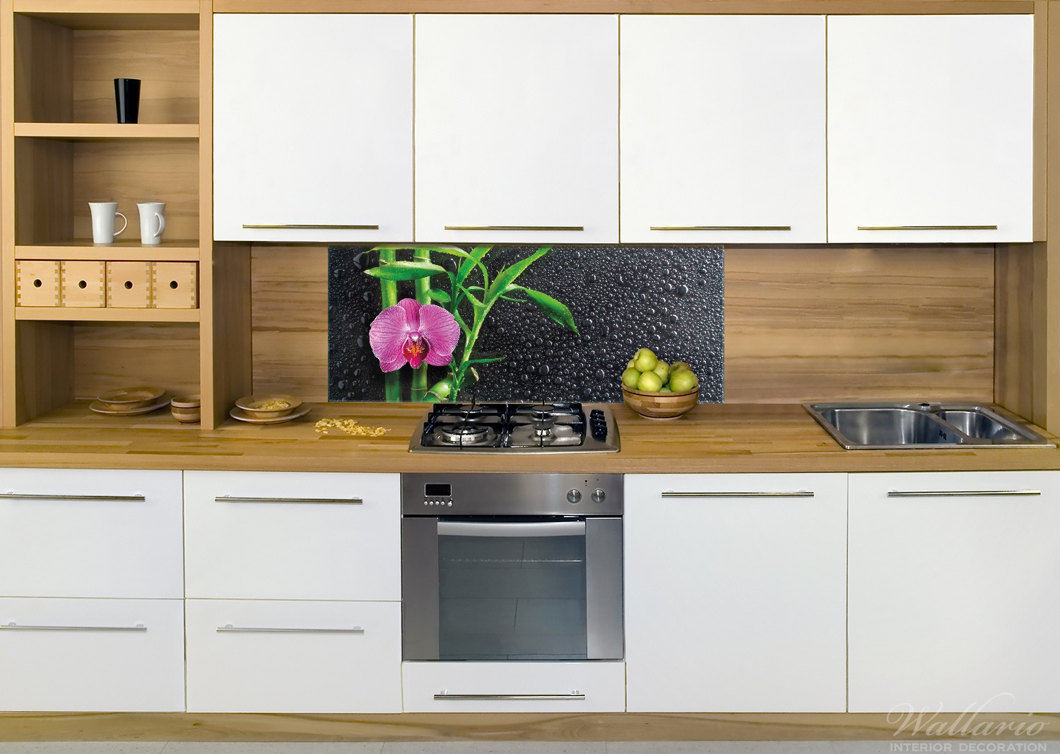 Kchenrckwand Bambus und pinke Orchidee auf schwarzem Glas mit  Regentropfen | Wallario.de