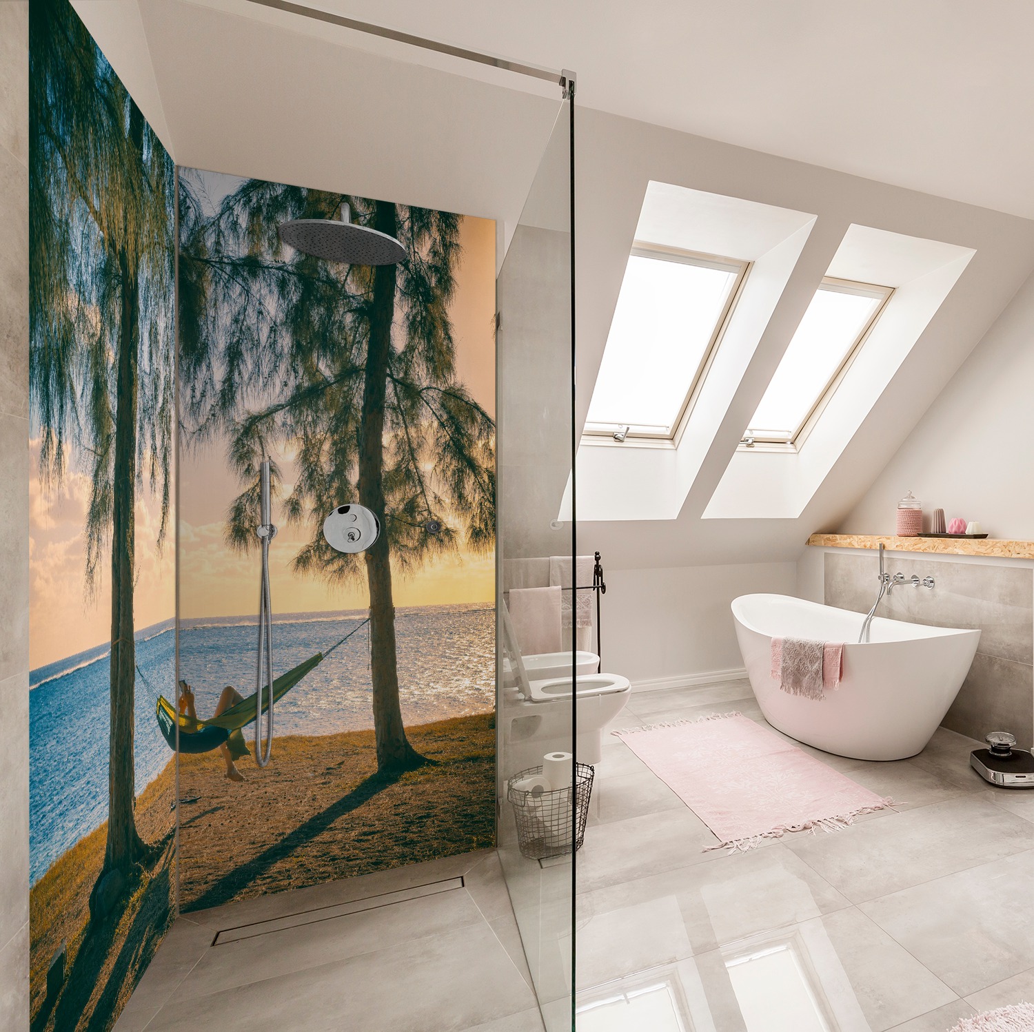 Duschrckwand Chillout - Hngematte am Meer | Wallario.de