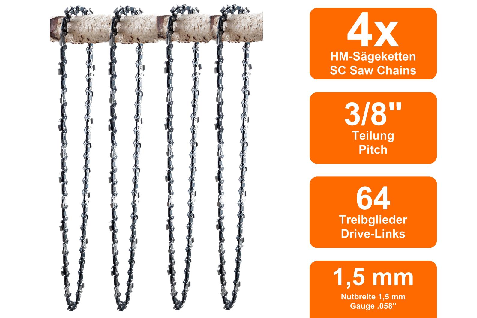 Schwert 4 Ketten passend für Husqvarna 390 XP 43 cm 3/8" 64TG 1,5mm Sägekette Schwert 4 Ketten passend für Husqvarna 390 XP 43 cm 3/8" 64TG 1,5mm Sägekette