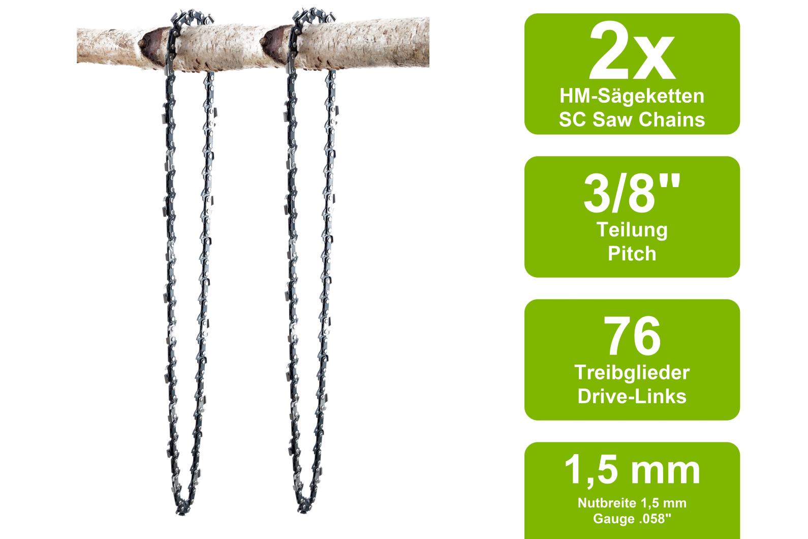 2 Ketten passend für Husqvarna 61 55 cm 3/8" 76 TG 1,5 mm Sägekette Schwert 2 Ketten passend für Husqvarna 61 55 cm 3/8" 76 TG 1,5 mm Sägekette Schwert