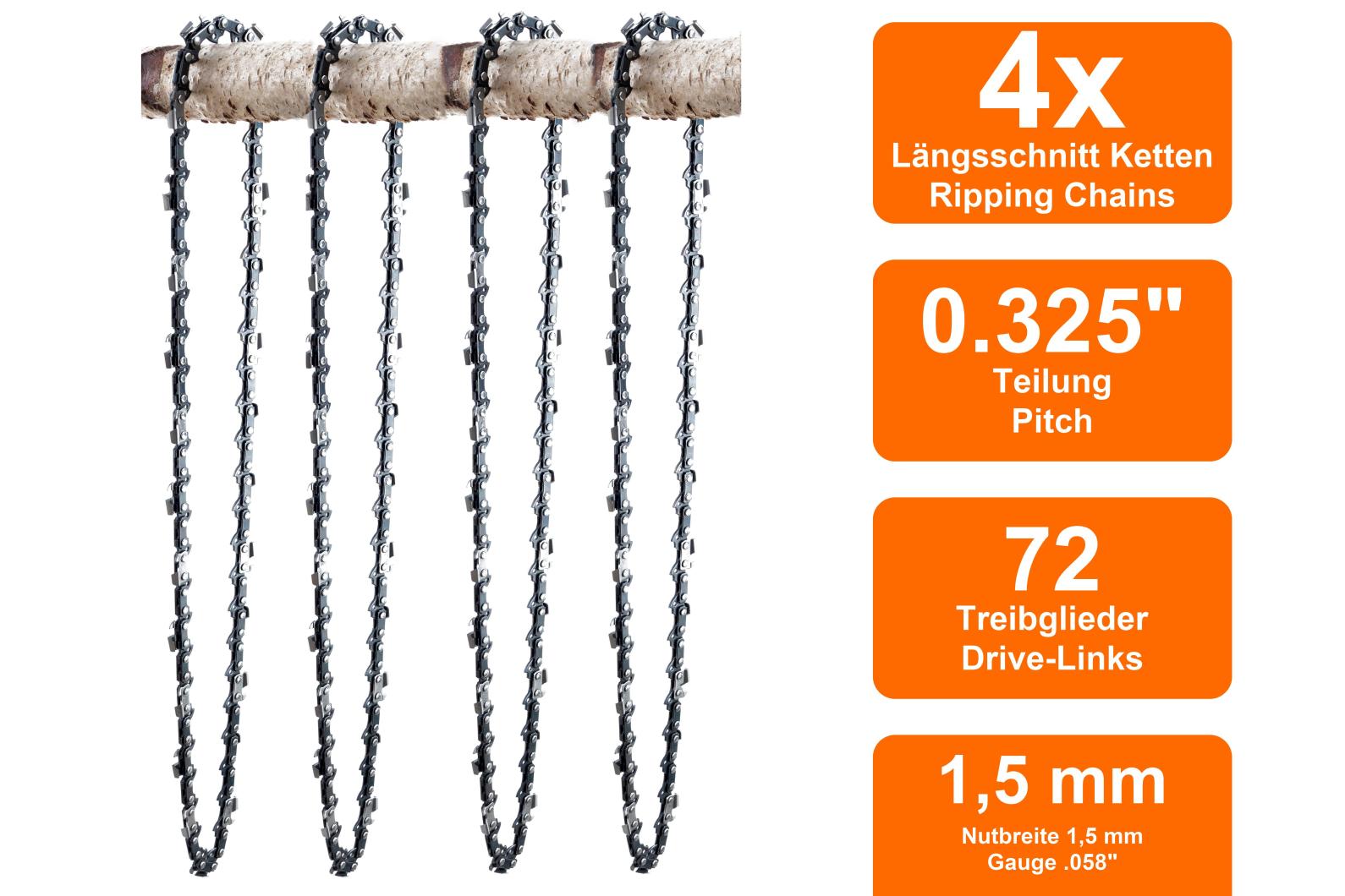 4 Längsschnitt Sägeketten passend für Dolmar PS460 | 45cm 0.325 72TG 1,5mm 4 Längsschnitt Sägeketten passend für Dolmar PS460 | 45cm 0.325 72TG 1,5mm