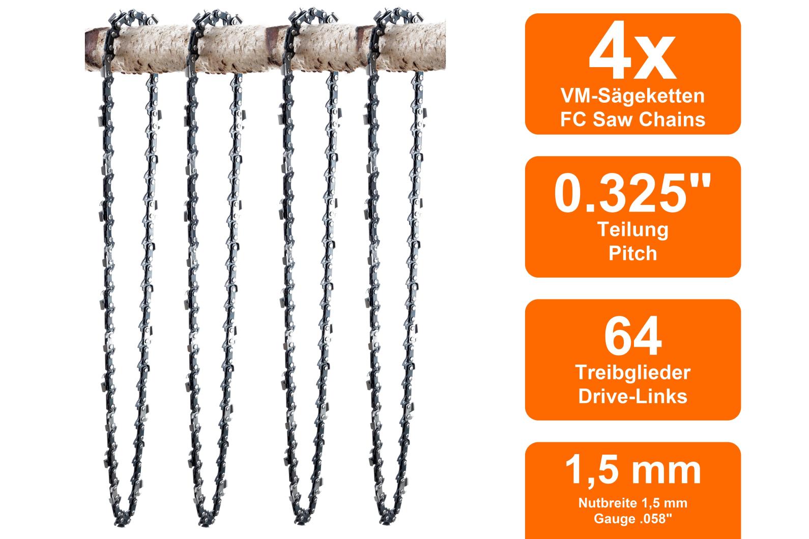 4 Ketten passend für Husqvarna 235E 30 cm 3/8" 45 TG 1,3 mm Sägekette Schwert 4 Ketten passend für Husqvarna 235E 30 cm 3/8" 45 TG 1,3 mm Sägekette Schwert