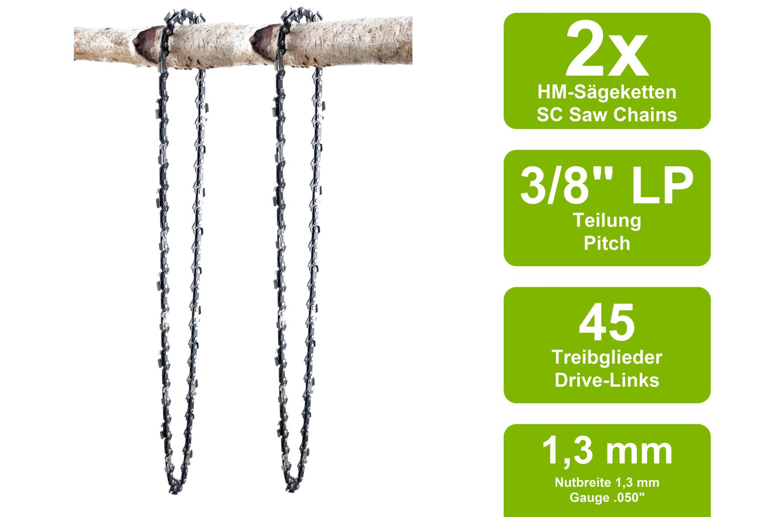 2 Sägeketten passend für Hitachi CS 350 | 30cm 3/8LP 45TG 1,3mm 
