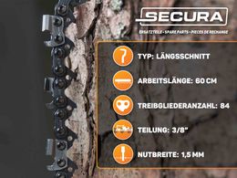 SECURA 4x Sägekette +Schwert 3/8 1,5 84 60cm Längsschnitt passend Jonsered Husqvarna