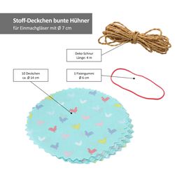 05-010507372-MamboCat-Marmeladendeckechen-2023-10er-Set-bunte-Huehner-Bemassung.jpg Sturzglas Stoffdeckchen 10 Stück bunte Hühner + Gummiband + 4m Jute-Schnur_Bild_5