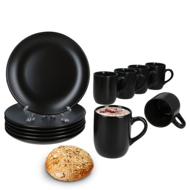 12tlg Frühstücksset Panther matt schwarz für 6 Personen aus Steingut - 161949 + 161950_Bild_1