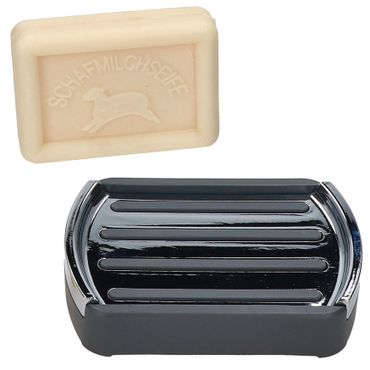 2tlg Geschenkset MARTA grau - 1x Kunststoff-Seifenschale grau 24195 & 1x Schafsmilchseife mit Wiesenduft 10001_Bild_1