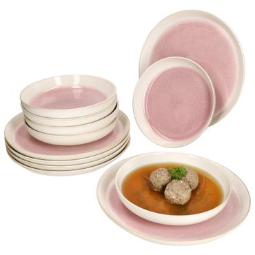 12tlg Tafelservice REACTIVE GLAZE PARIS Creme & Pink aus Steingut_Bild_1