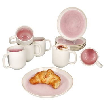 12tlg Frühstücksset REACTIVE GLAZE PARIS Creme & Pink Steingut für 6 Personen_Bild_1
