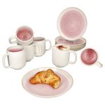 12tlg Frühstücksset REACTIVE GLAZE PARIS Creme & Pink Steingut für 6 Personen_Bild_1