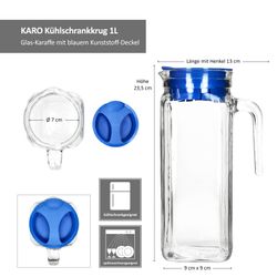 06-13110035S-Borgonovo-Karo-Kuehlschrankrug-1L-blau-Bemassung.jpg 4er Set KARO Kühlschrankkrug 1L aus Glas mit blauem Kunststoff-Deckel – 13110035S_Bild_7