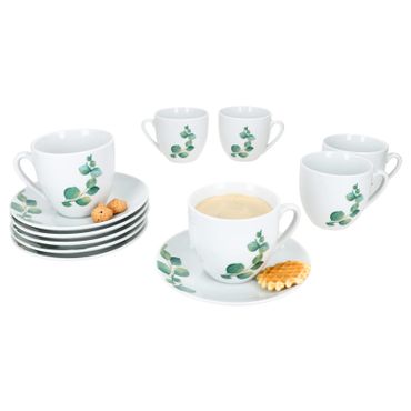 6er Set Eukalyptus Kaffeetasse mit Untertasse Porzellan für 6 Personen_Bild_1
