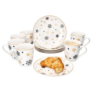 12tlg Frühstücksset Stars schwarz-gold Steingut für 6 Personen - 23108240 & 23108264_Bild_1