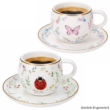 2er Set FANCY GARDEN Marienkäfer & Schmetterling Espressotassen mit Untertassen aus Porzellan – R1371#FGAR
