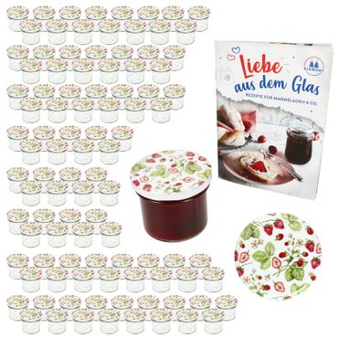 100er Set Sturzglas 125 ml Marmeladenglas Einmachglas Einweckglas To 66 Wald-Erdbeeren Deckel incl. Diamant-Zucker Gelierzauber Rezeptheft