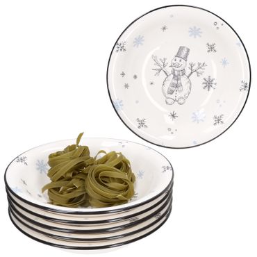 6er Set OLOVE Suppenteller mit Schneemann & Schneeflocken aus Steingut – 23010151