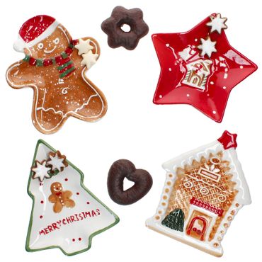 4tlg Set Keksteller PATISSERIE WEICHNACHTEN 1x Lebkuchenmann, 1x Lebkuchenhaus, 1x Tannenbaum & 1x roter Stern – 24306364