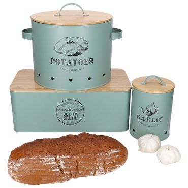 3tlg Set Brot-, Knoblauch- & Kartoffeltopf FRESH Mint aus Metall & Bambus – 10890, 10899 & 10893