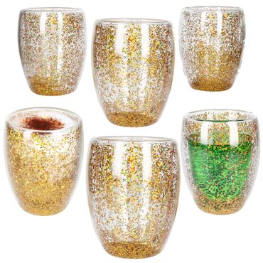 6er Set KONFETTI doppelwandige Gläser Gold Glitzer aus Glas - 27022367