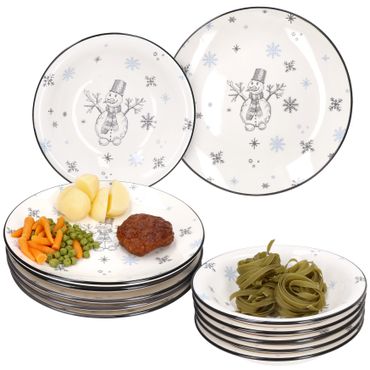 12tlg Tafelservice OLOVE mit Schneemann & Schneeflocken aus Steingut – 6x 23010135 & 6x 23010151