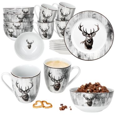 18tlg Frühstücksset ALOIS Hirsch für 6 Personen aus Porzellan