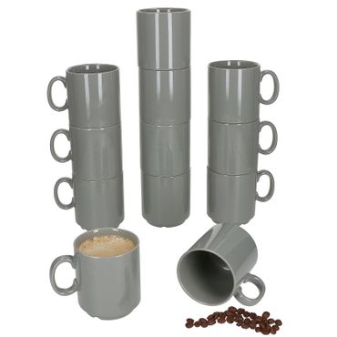 12er Set EVENT stapelbare Kaffeebecher GRAU Porzellan 250 ml