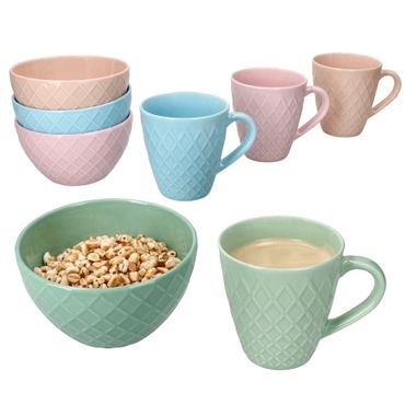8tlg Set Pastelli Müslischalen & Kaffeebecher in Rosa, Hellblau, Grün & Aprikot – 78894 & 78896