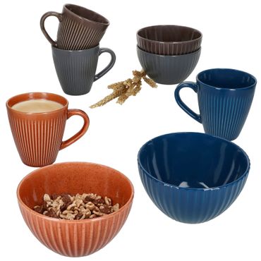 8tlg Set AMOR Müslischalen & Kaffeebecher in Terrakotta, Blau, Braun & Grau – 78895 & 78897