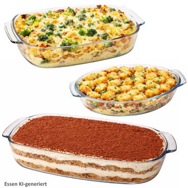 3tlg Set Brat- & Backform 700ml oval, 2L rechteckig & 3,8L rechteckig aus Glas - 1x 90536 & 1x 90545