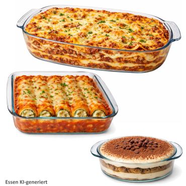 3tlg Set Brat- & Backform 800ml rund, 1,8L quadratisch & 3,8L rechteckig aus Glas - 1x 90535 & 1x 90545