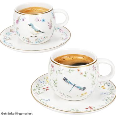 2er Set FANCY GARDEN Vogel & Libelle Espressotassen mit Untertassen aus Porzellan – R1371#FGAR