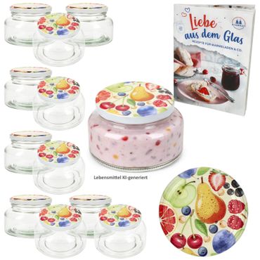 12er Set Joghurtglas Provence 435ml TO 82 Comic-Obst Deckel incl. Rezeptheft
