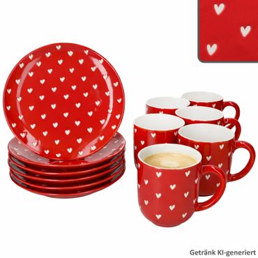 12tlg Frühstücksset LOVE (All over Herz) rot mit weißen Herzen für 6 Personen aus Porzellan – 24310119 & 24310135