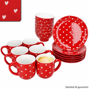 18tlg Frühstücksset LOVE (All over Herz) rot mit weißen Herzen für 6 Personen aus Porzellan – 24310119, 24310135 & 24310143