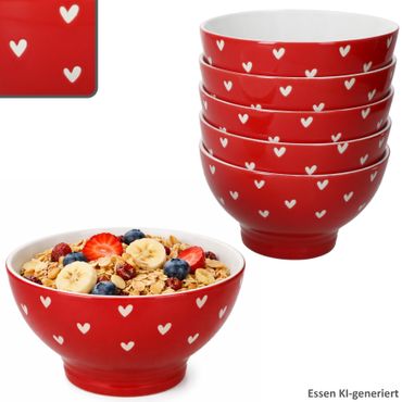 6er Set LOVE (All over Herz) Müslischale rot mit weißen Herzen aus Porzellan – 24310143