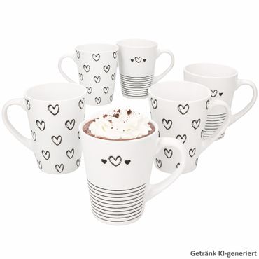 6er Set CUPID (Herz mit Streifendesign) Kaffeebecher schwarz-weiß Herzen & Streifen aus Porzellan – 24310158