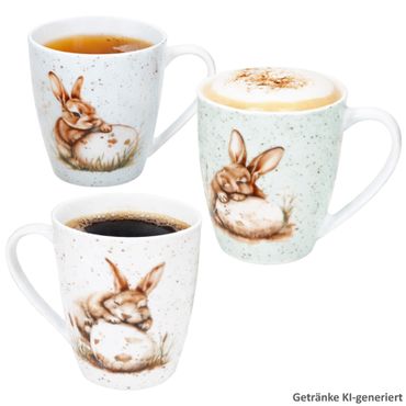 3er Set Bunny Kaffeebecher 360 ml je 1x weiß, grün & Blau aus Porzellan – 428612