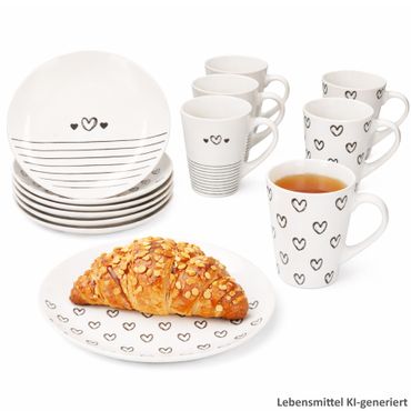 12tlg Frühstücksset CUPID (Herz mit Streifendesign) schwarz-weiß Herzen & Streifen für 6 Personen aus Porzellan – 24310158 & 24310166