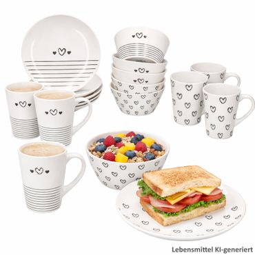 18tlg Frühstücksset CUPID (Herz mit Streifendesign) schwarz-weiß Herzen & Streifen für 6 Personen aus Porzellan – 24310158, 24310166 & 24310174