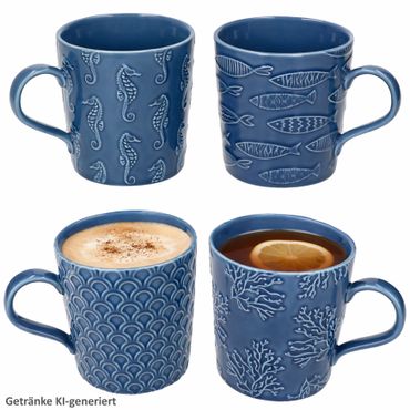 4er Set SEA LIFE Kaffeebecher Dunkelblau je 1x Fisch, Koralle, Schuppen & Seepferdchen aus Porzellan – R2962#SELI