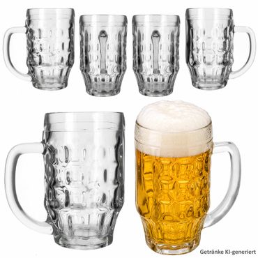 6er Set MANI Bierkrug 0,5 Liter geeicht mit Schild, Relief & Henkel aus Glas – 00024350