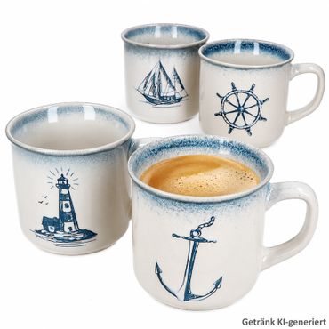 4er Set MARTIN Kaffeebecher je 1x Anker, Leuchturm, Schiff & Steuerrad aus Keramik – Q75102800