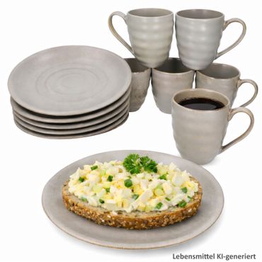 12tlg Frühstücksset CLAY Grau Kuchenteller und Becher aus Steingut für 6 Personen - 24321631, 24321638