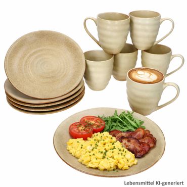 12tlg Frühstücksset CLAY Beige Kuchenteller und Becher aus Steingut für 6 Personen - 24321654, 24321670